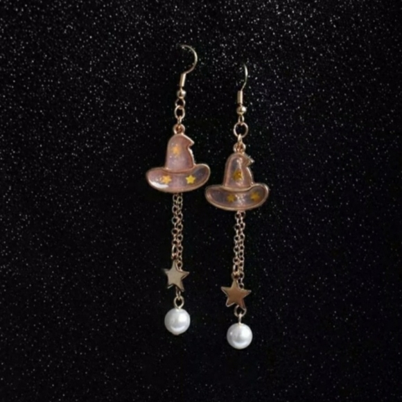 Pink Witch Hat Chains Stars Pearls Dangle Drop Earrings - Picture 3 of 5